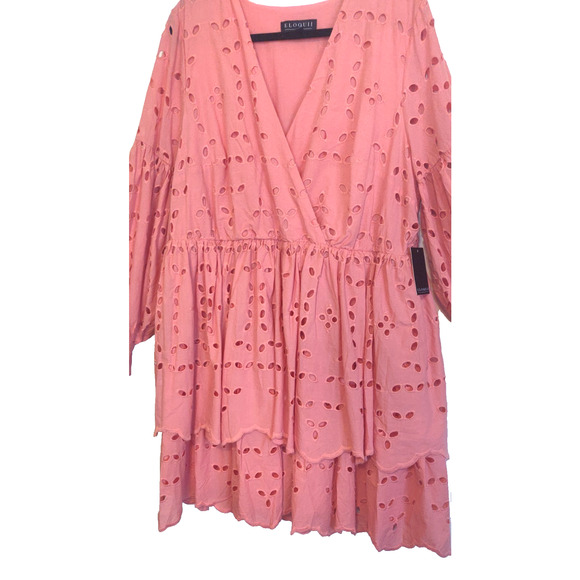 Eloquii Coral Dress Womens Sz 18 Eyelet Ruffles Romantic Boho Mini Tiered Bottom - Picture 2 of 16